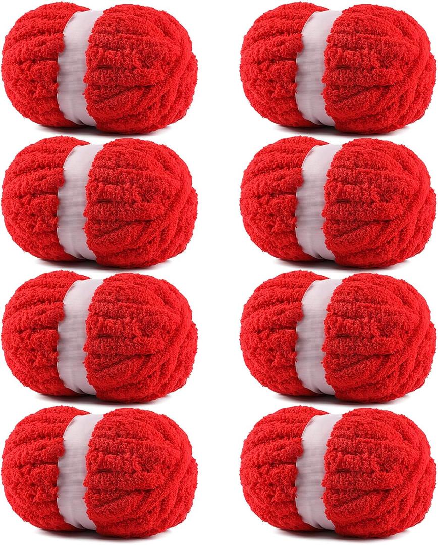 8 Pack Chunky Yarn for Hand Knitting - #10 Super Bulky Chenille Yarn, Fluffy Jumbo for Thick Hand-Knit Blankets, Scarves 25 Yds 7.94 Oz Each Skein (8, Red)