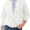 Saodimallsu Women's Chunky Knit Cardigan Button Down Crewneck Long Sleeve Cropped Sweater with Pockets (White, L)