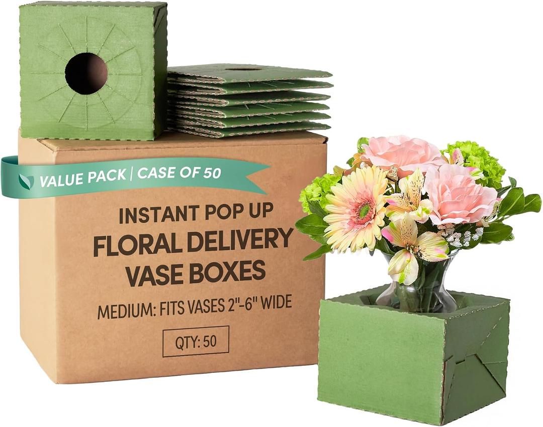 Holiday Designs - Pop-Up Florist Delivery Box, Heavy Duty Corrugated Cardboard Vase Boxes for Secure Floral Arrangements During Transport, 6.5 x 6.5 x 4.5 (Green, Medium: Case of 50)