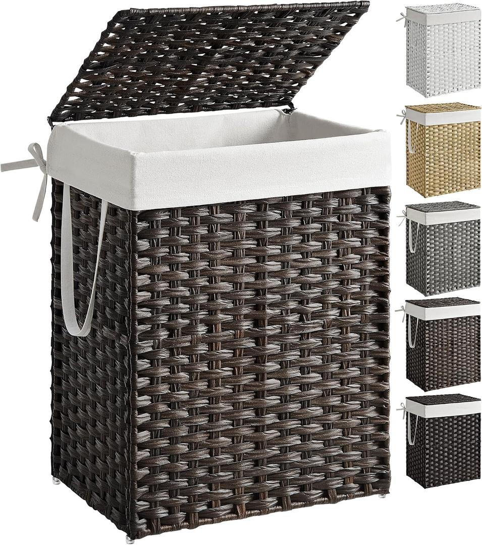 Handwoven Laundry Hamper, 23.8 Gal (90L) Synthetic Rattan Clothes Laundry Basket with Lid and Handles, Foldable, Removable Liner Bag, Brown ULCB051K02