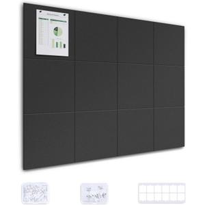 Large Felt Board Wall Tile, 48" x 36" Cork Board Alternative, 12 Pack Felt pin Bulletin Panel with Removable Adhesive Tabs and PushPins, Black Panel tack Wall Organizer for Office