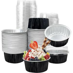 100Pcs Aluminum Cups with Lids,5oz Disposable Ramekin Baking Cups Muffin Liners Mini Pie Pans Foil Cupcake Containers for Christmas Party Wedding Party,Black