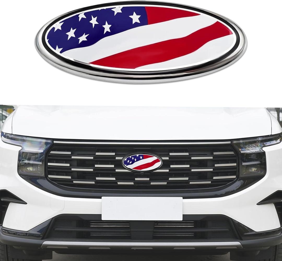Front Grille American Flag Emblem for Ford, Tailgate Emblem, Oval Overlay Front Grill Rear Tailgate American Flag Decal Badge, 9 Inch Emblem Compatible with F150 F250 F350 (Colorful/Flag)