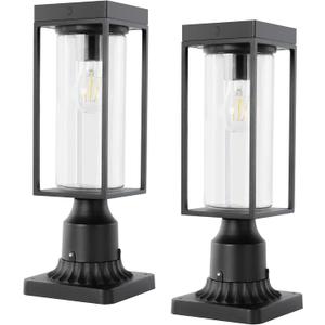 LUTEC 2 Pack Solar Post Lights, Dusk to Dawn Aluminum Lamp with Pier Mount Base, Exterior Black Solar Fence Light Outdoor Waterproof for Garden Yard Patio