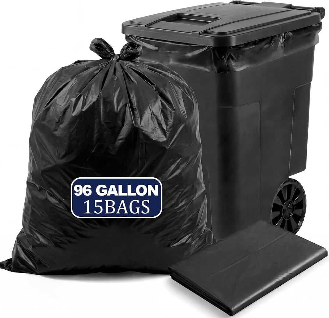 AmazingSpark 95-96 Gallon Extra Large Trash Bags, 15 Count Heavy Duty Garbage Can Liners, 61" x 68" Tear-resistant Trash Bags for Large Rollaway Bins, Outdoor Yard Waste, Black