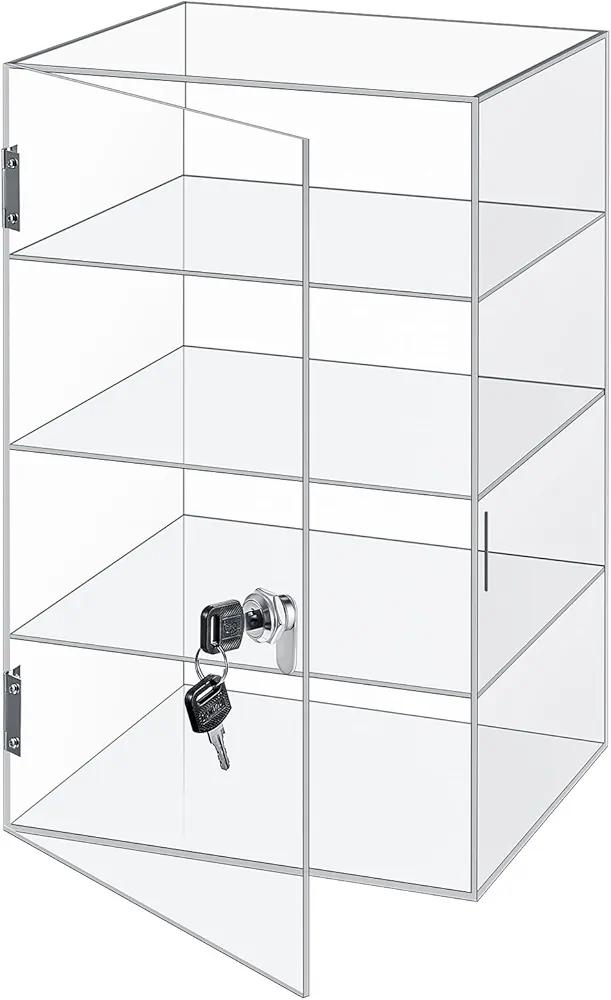 Barydat Acrylic Display Case with Lock Key Countertop Display Case Clear Showcase Display Cabinet Multi Functional Safe Storage Box for Retail Store(9.4 x 9.3 x 15.7 Inch,Fixed 4 Tier)
