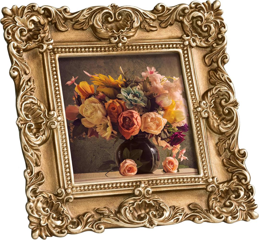 eletecpro 4x4 Vintage Picture Frame with Real Glass Cover, Ornate Antique Photo Frame, Display 4x4 Picture for Tabletop or Wall Hanging, Gold Home Decor for Gallery Art