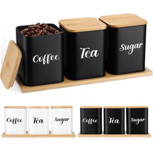 Tioncy Coffee Tea Sugar Container with Tray Set of 3 Airtight Metal Canister with Bamboo Lid Tray for Kitchen Counter Dining Room Farm House Kitchen Style Drink Station Organizer Set (Black)
