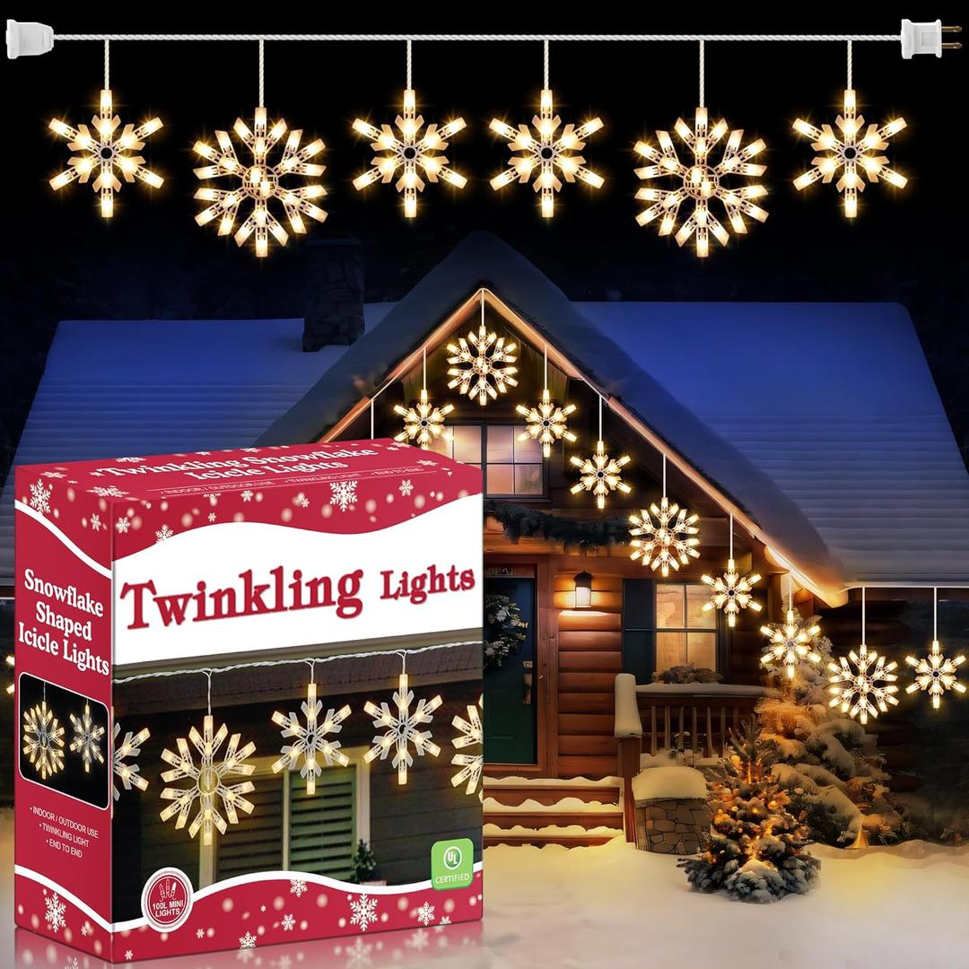 Meonum Twinkling Christmas Snowflake Lights with 6 Drops, 8.8FT 14 of 100 Random Twinkling Mini Bulbs Icicle Lights, Snowflake Christmas Decorations Outdoor for House(Warm White,1 Set)