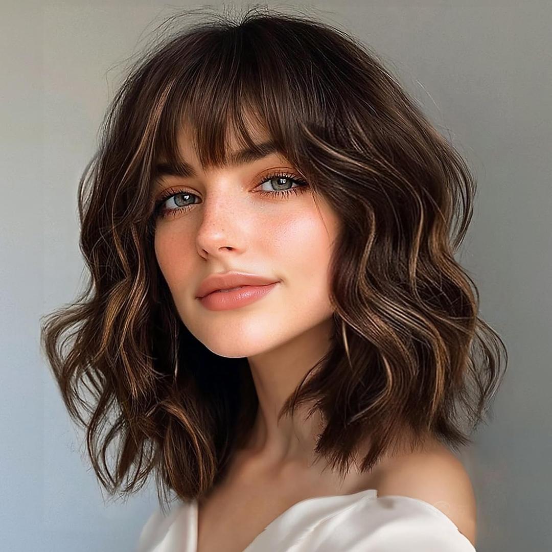 ENTRANCED STYLES Brown Highlight Wig with Bangs for Women Short Wavy Curly Brown Bob Wigs Medium Length 14 inch Synthetic Hair for Daily Party Use (Brown Mix Blonde)