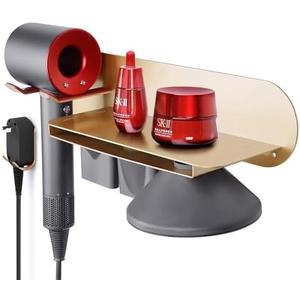 FLE Hair Dryer Holder Wall Mounted with Shelf - Hair Dryer Holder Rack Organizer Compatible for Dyson Supersonic Hair Dryer, Gold