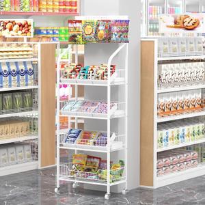 4-Tier Snack Display Rack, White Metal Retail Shelf with Wheels & Hooks, 56.2" H x 19.6" L x 10.6" W