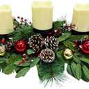 Svndlyn Christmas Candle Holder Christmas Decorations 3 Candle Holders with Snow Flocked Pinecones,Cedar Branches Pine Needles Berries Ornament Eucalyptus Leaves for Table Centerpiece Holiday Decor