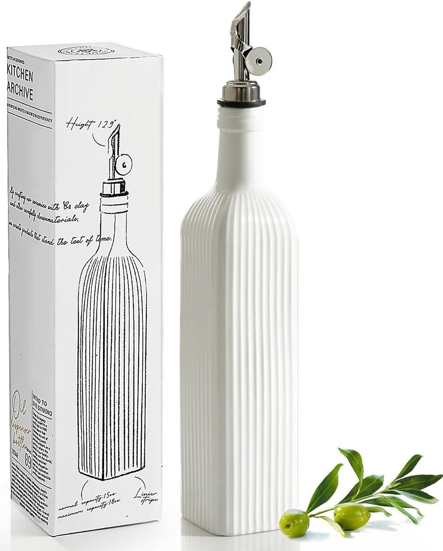 getstar 18 oz Olive Oil Dispenser Bottle for Kitchen, Ceramic Oil Bottle with Automatic Stainless Steel Pourer (White)