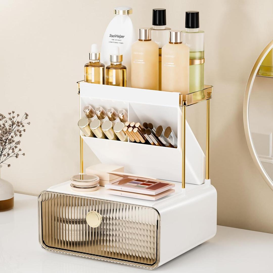 2-Tier 1-Drawer Bathroom Counter Organizer, Multi-Purpose Makeup Organizer Countertop, Ideal for Present, Easy to Install, Suitable as Bathroom Organizers and Storage, Amber