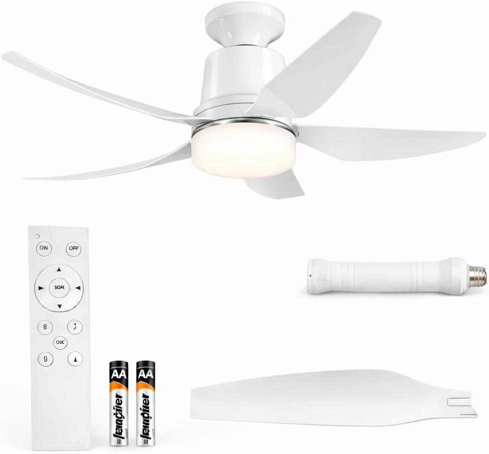 Socket Fan Light with Remote, 28.35 Ceiling Fan Lights with E26 Base, 4 Speeds, 3000K-6500K Dimmable LED, 2-In-1 Socket Light for Patios, Garage, Bedroom, Living Room, Closet, and Small Rooms (White)