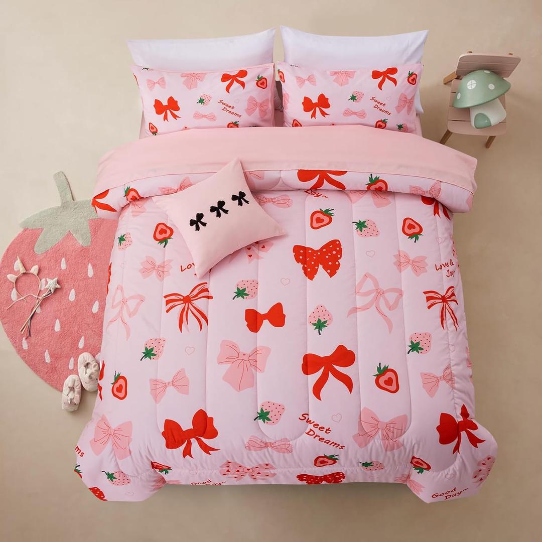 A Nice Night Red Bow Comforter Set,6 Piece Bed in a Bag Matching Sheet Set,Cute Ribbon Bowknot Bedding Sets,Princess Style Strawberry Printed,Light Pink Room Decor for Girls,Full (Blush)