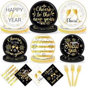 96Pcs New Years Party Supplies 2026 Black and Gold Themed Paper Plates Napkins Cheers Party Tableware Disposable Dinnerware Happy New Years Decorations Set for 2026 NYE Holiday Celebration Table Decor