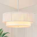 18'' Farmhouse Rattan Chandeliers for Dining Room,3-Light Boho Light Fixtures Rattan Pendant Light Fixture with Fabric Shade Drum Chandeliers for Bedroom Dining Room Foyer Kitchen HallwayWhite