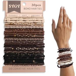 8 PCS Boho Hair Ties, Bracelets Hair Ties for Thick or Thin Hair, 5 Styles Boho Ties for Ponytail Holders, 2.36’’ Hair Ties No-Damage, Neutral Color