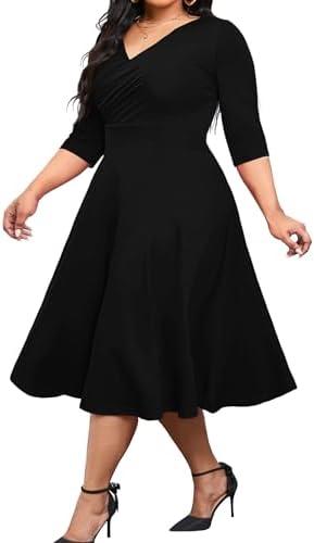 CLOCOR Women's Plus Size Midi Dress 3/4 Sleeve A-Line Swing Dress V Neck Flowy Casual Dresses 3XL
