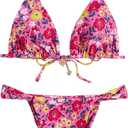 Women's 2 Piece Floral Print Bikini Set Triangle Bathing Suit Spaghetti Strap Tie Backless Swimsuit Sets (Pink, L)