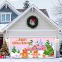 Christmas Garage Door Banner 13x6ft Pink Gingerbread House Merry Christmas Theme Backdrop Banners for Outside Inside Winter Door Cover Garage Wall Covering for Party Garage Decorations