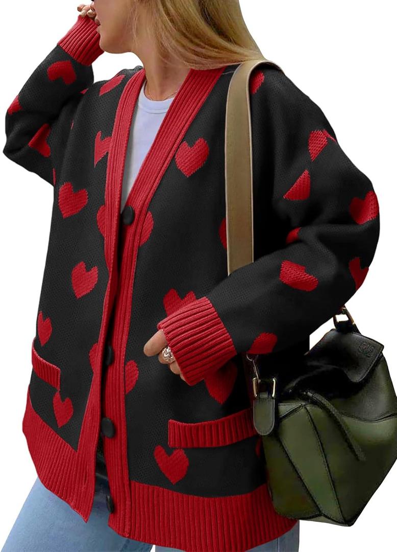 Saodimallsu Womens Oversized Heart Cardigan Color Block V Neck Button Long Sleeve Chunky Valentines Sweaters, Size L