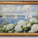 Large Framed Vintage Wall Art Sailboat Painting Nautical Seascape Landscape Canvas Print Hydrangea Flower Pictures Summer Poster Antique Lake House Decor for Living Room Bedroom Office 24x36inch