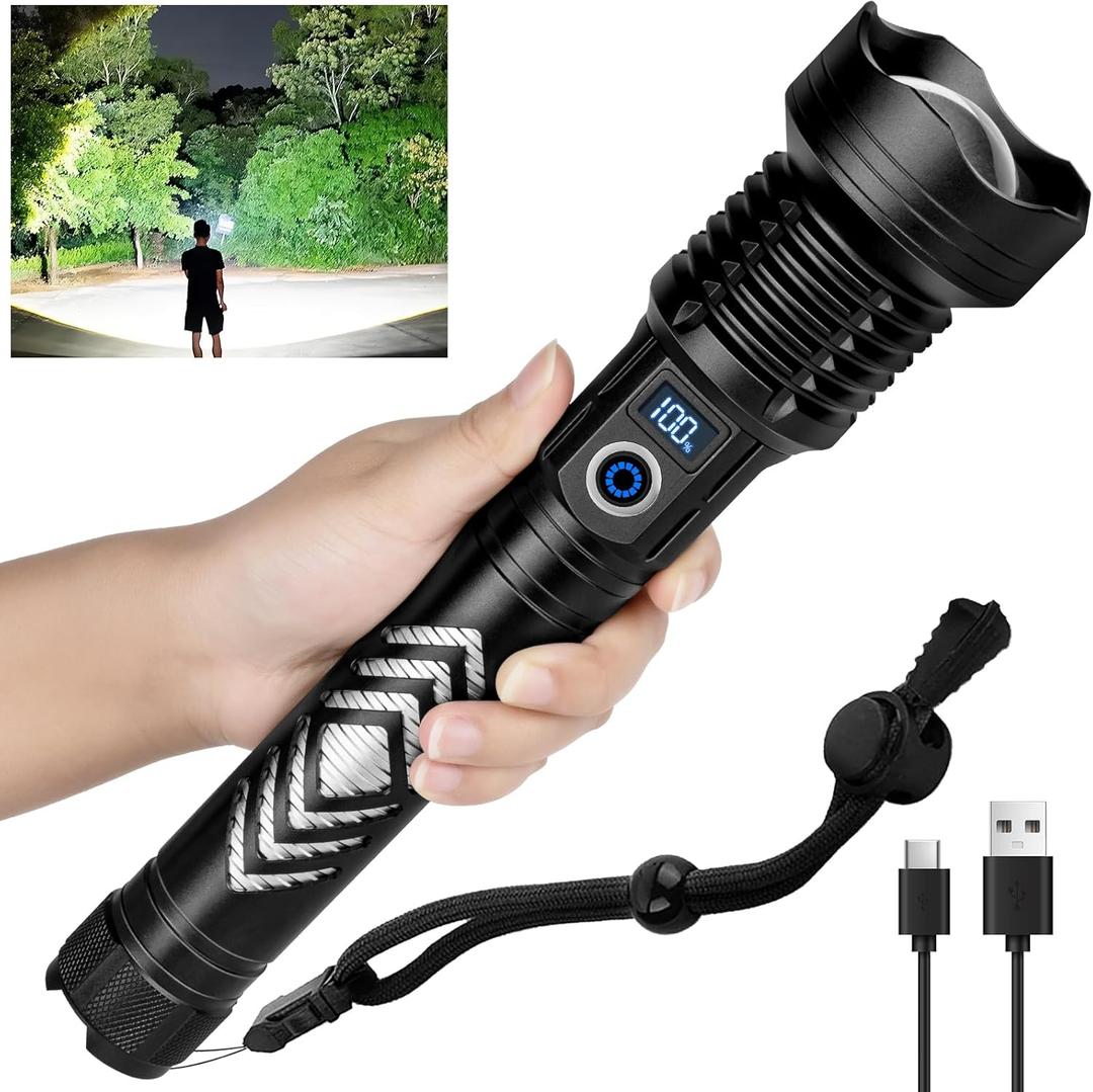 Flashlight High Lumens 90000 Rechargeable Flashlight, 5 Light Modes Adjustable Focus, Super Bright LED Flashlight, IPX7 Waterproof Powerful Flash Light for Camping, Hiking and Home