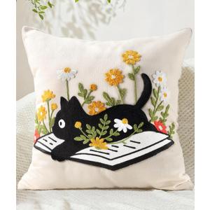 Embroidered Throw Pillow Cover 18x18 Inch - Summer Decorative Animal Pillow Covers with Zipper for Couch Sofa Bedroom Farmhouse Living Room Cushion Pillowcase, Cat Floral