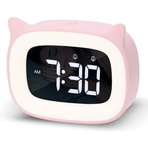 Pink Alarm Clock with Night Light, Cute Cat Alarm Clocks for Girls Toddlers Boys Birthday Gifts, Cute OK to Wake Alarm Clock for Kids Teens Bedrooms
