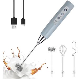 YUSWKO Handheld Milk Frother for Coffee, Rechargeable Drink Mixer with 3 Heads 3 Speeds Electric Whisk Coffee Frother For Latte, Cappuccino, Hot Chocolate, Egg - Cement Gray