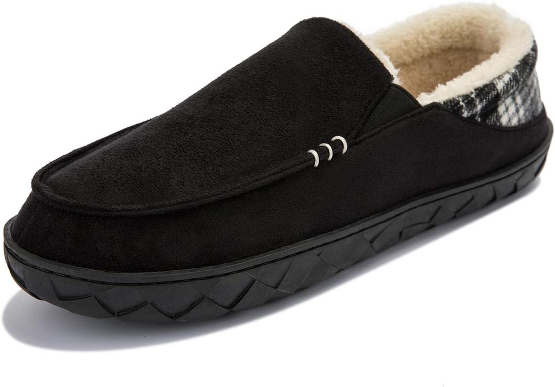 NewDenBer Men's Moccasin Slippers Warm Memory Foam Suede Soft Plush Lined Slip on Indoor Outdoor House Shoes (Black)