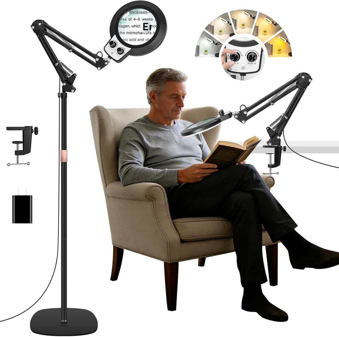 12X Large Floor Magnifying Glass with Light and Stand, Floor Magnifying Lamp Adjustable Height ,Infinite Color Dimmable, 4-in-1 Lighted Magnifier lamp for Close Work,Reading,Painting, Hobby（Black）