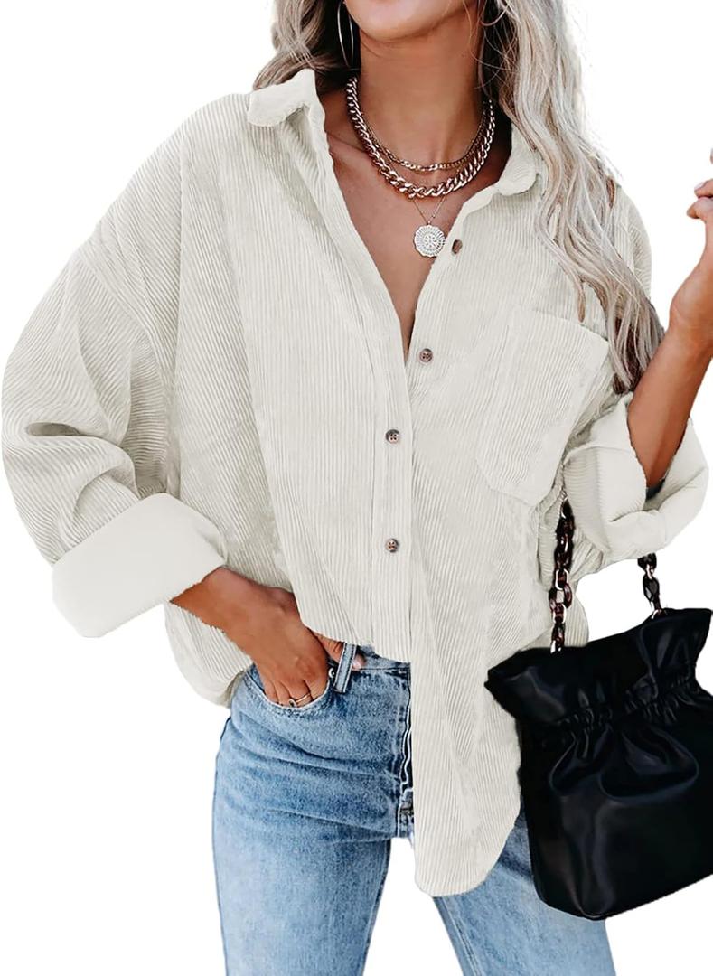 Dokotoo Womens Corduroy Button Down Shirts Boyfriend Long Sleeve Oversized Blouses Tops (M)