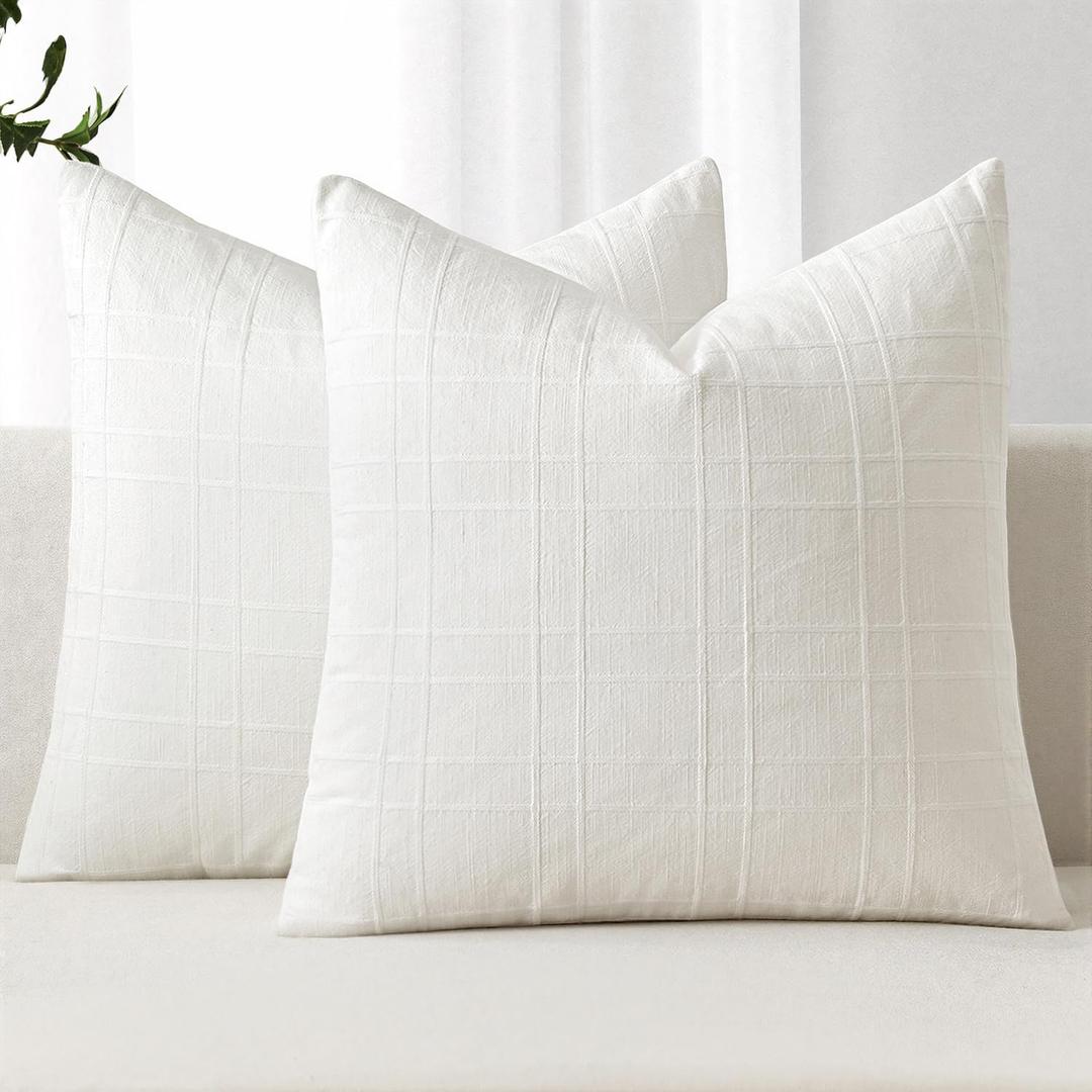 MIULEE Decorative Linen Check Euro Shams Throw Pillow Covers Neutral Farmhouse Vintage Pillow Covers Christmas 24x24 Set of 2 Boho Modern Home Decor for Sofa Couch Bedroom Cushion Chair Cream White
