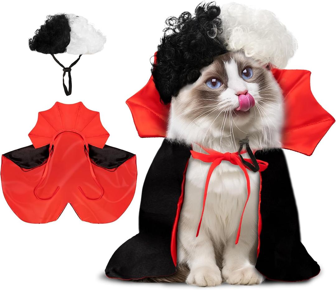 Halloween Cat Costume,Reversible Cape and Wig Set for Cats Dogs, Adjustable Red Black Witch Vampire Cruella Style Pet Outfit with Neck Strap