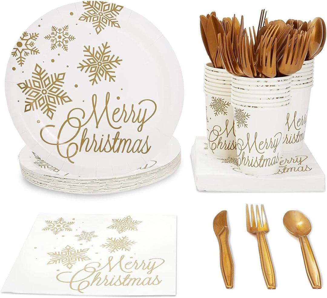 Juvale 144 Piece Merry Christmas Party Plates, Napkins, Cups, Cutlery, Gold Snowflakes Design (Serves 24) - Christmas Paper Plates And Napkins