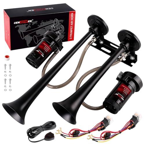 Cenzhiwen Dual 2-Trumpet Metal Air Horn for truck Kit with 2 air Compressors,12V 150dB Ultra Loud Impact Train Car Horn Moto Horn is Suitable for Pickup/SUV/Boat And Other Vehicles (Black with button)