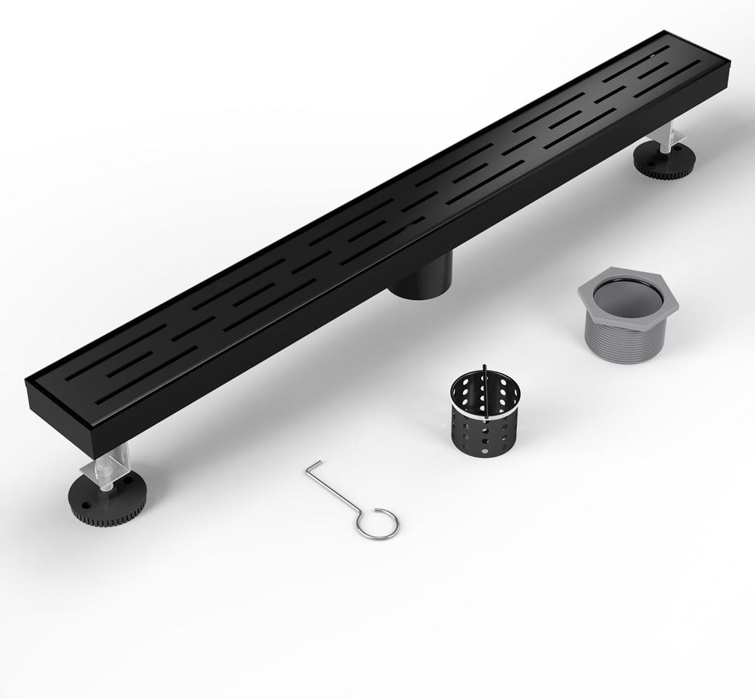Shower Drain Stainless Steel for Bathroom: Black Linear Shower Drain 24 Inch with Removable Brick Pattern Grate - Adjustable Rectangular Shower Floor Drain with Hair Strainer (Matte Black)