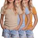 3 Pack Girls Shirts Scoop Neck Ribbed T Shirts Teens Short Sleeve Slim Fit Summer Tees for Kids Age 5-14