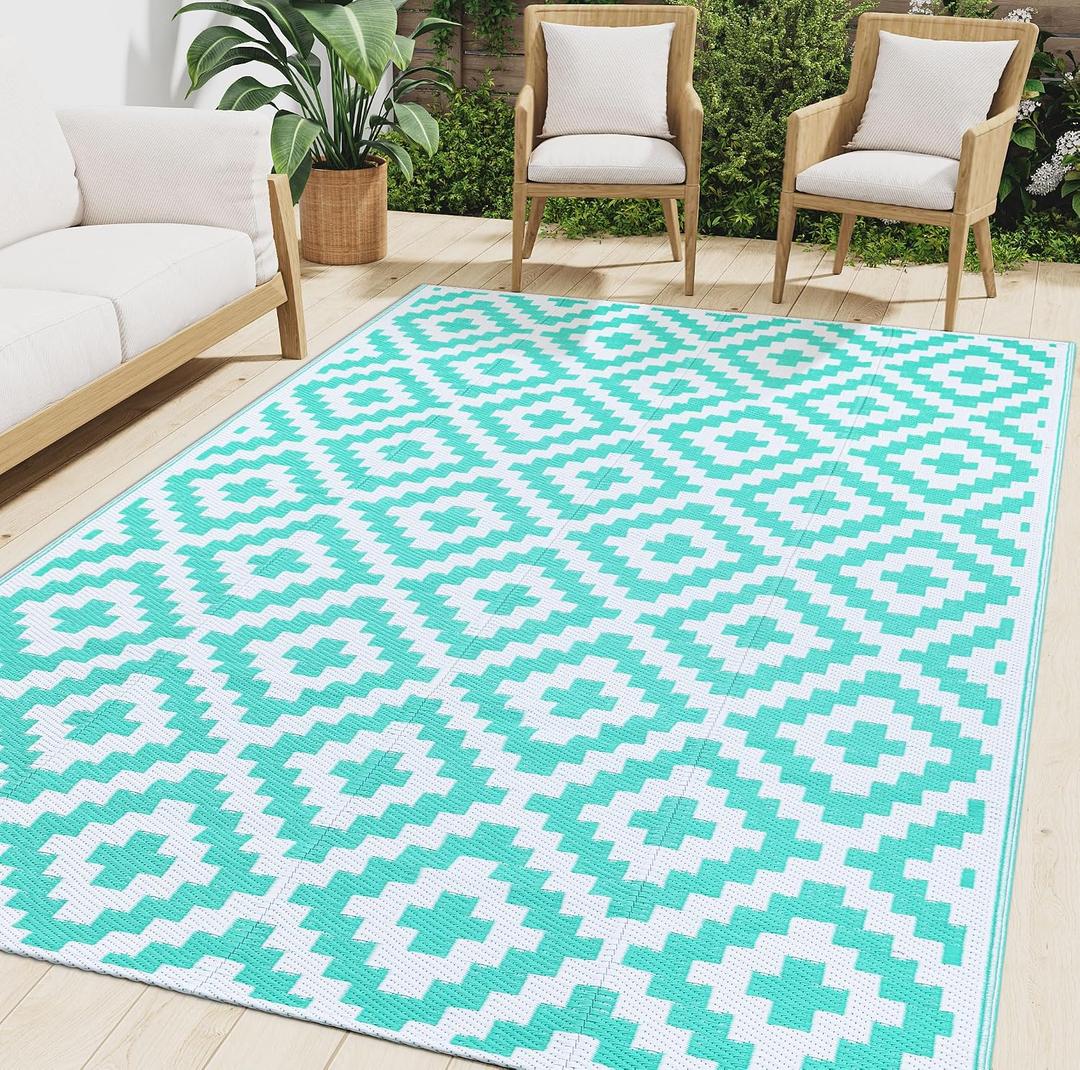Smiry Waterproof Outdoor Rug 8x10 ft, Reversible Plastic Straw Patio Camping Rugs, Outdoor Indoor RV Mat Carpet for Patio, Outside Entry, Backyard, Deck, Bench, Picnic, Camper, White & Teal
