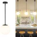 LMS 10 Inch Globe Pendant Lights, Matte Black Mid Century Kitchen Island Light Fixtures with White Globe Glass Shade, Adjustable Hanging Rod, Bar Kitchen Bedroom, LMS-186PL-BKW-10