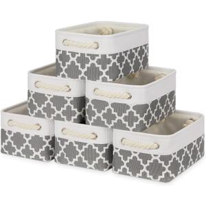 Bidtakay Small Storage Basket Cute Storage Bins Collapsible Fabric Basket Set of 6 Canvas Organizer Bin Empty Gift Baskets Baby Nursery Toys 11.8 X 7.8 X 5 Inches(White&Quatrefoil Grey)