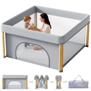 Foldable Baby Playpen, 59x59 Foldable Play Pen for Babies and Toddlers, Portable Playpen Indoor Outdoor, Kids Safety Area Travel Play Yard with Storage Bag Grey