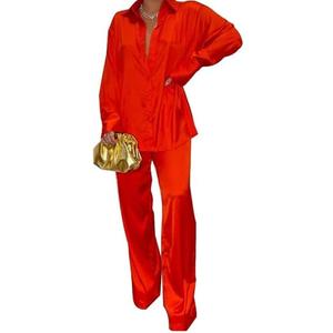 Yameay Satin Two Piece Outfits for Women Long Sleeve Lapel Button Down Tops Wide Leg Pants Pajama Set, S