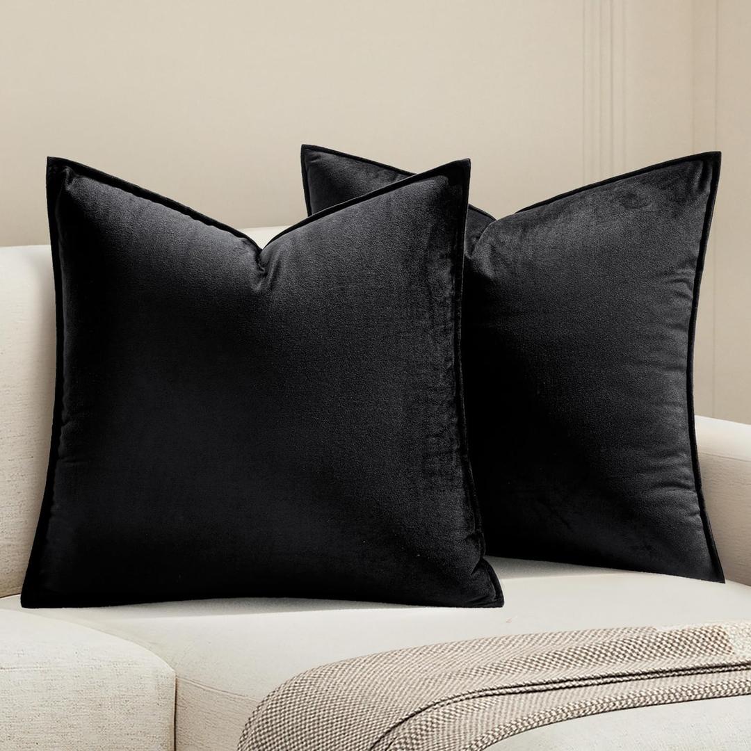 MIULEE Black Velvet Throw Pillow Covers 24x24 Soft Decorative Solid Square Euro Sham Cushion Cases Pack of 2 Modern Luxury Home Decor for Couch, Sofa, Bedroom