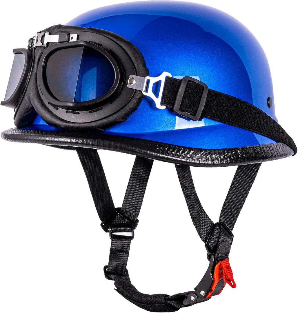 Helmet Half Shell German Motorcycle Helmet with Cycling Glasses - DOT Approved (Large, Blue)
