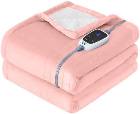 Sealy Heated Throw Blanket, Flannel & Sherpa Electric Throw with 6 Heat Setting & 2-10 Hours Auto Shut Off, Fast Heating & Machine Washable, 50x60 Inch, Pink
